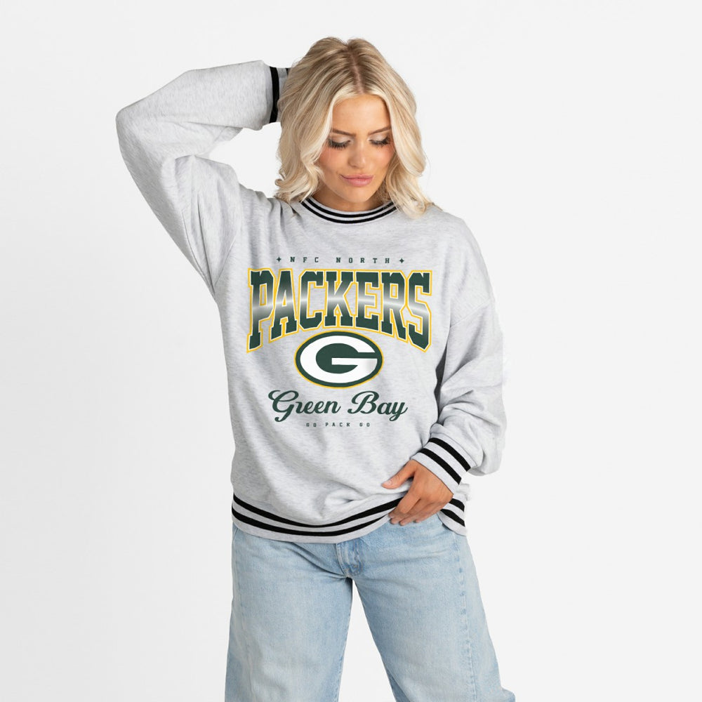 Green Bay Packers Gameday Couture Women's Oversized Gridiron Drive Ringer Stripe Sweatshirt - Ash/Black Sweatshirts