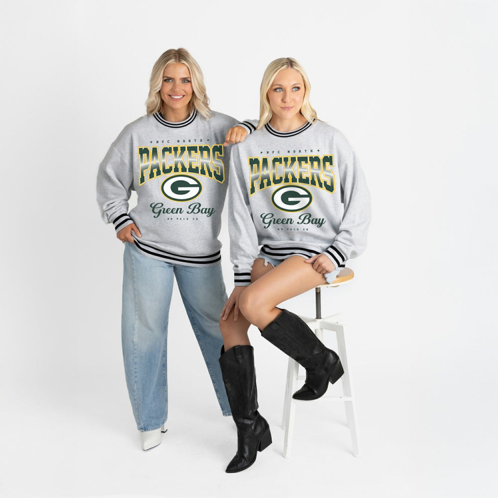 Green Bay Packers Gameday Couture Women's Oversized Gridiron Drive Ringer Stripe Sweatshirt - Ash/Black Sweatshirts