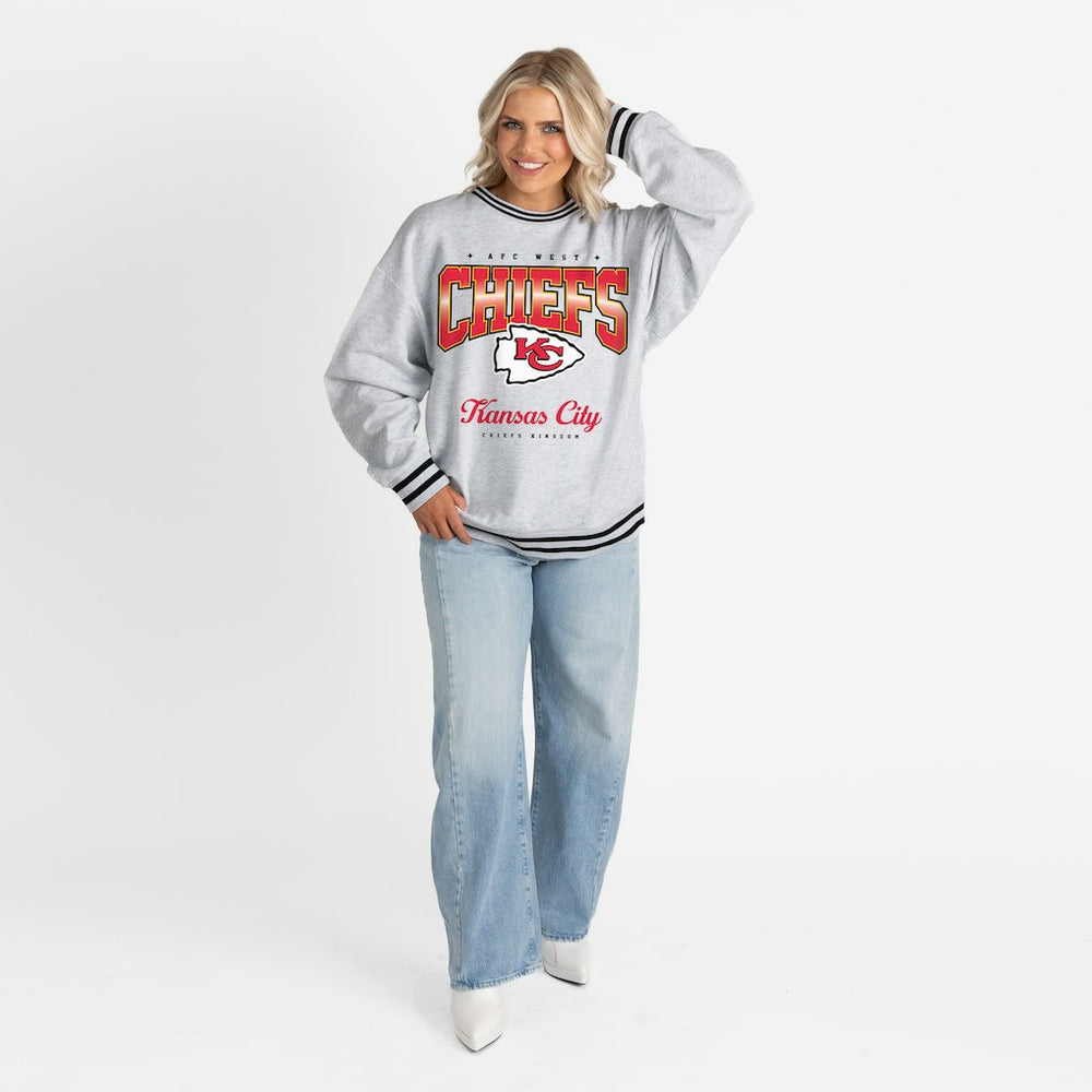 Kansas City Chiefs Gameday Couture Women's Oversized Gridiron Drive Ringer Stripe Sweatshirt - Ash/Black Sweatshirts