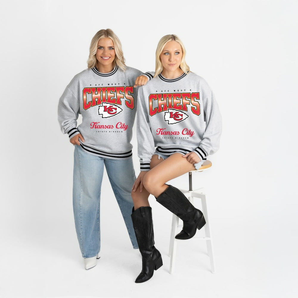 Kansas City Chiefs Gameday Couture Women's Oversized Gridiron Drive Ringer Stripe Sweatshirt - Ash/Black Sweatshirts