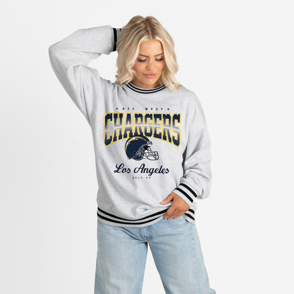 Los Angeles Chargers Gameday Couture Women's Oversized Gridiron Drive Ringer Stripe Sweatshirt - Ash/Black Sweatshirts