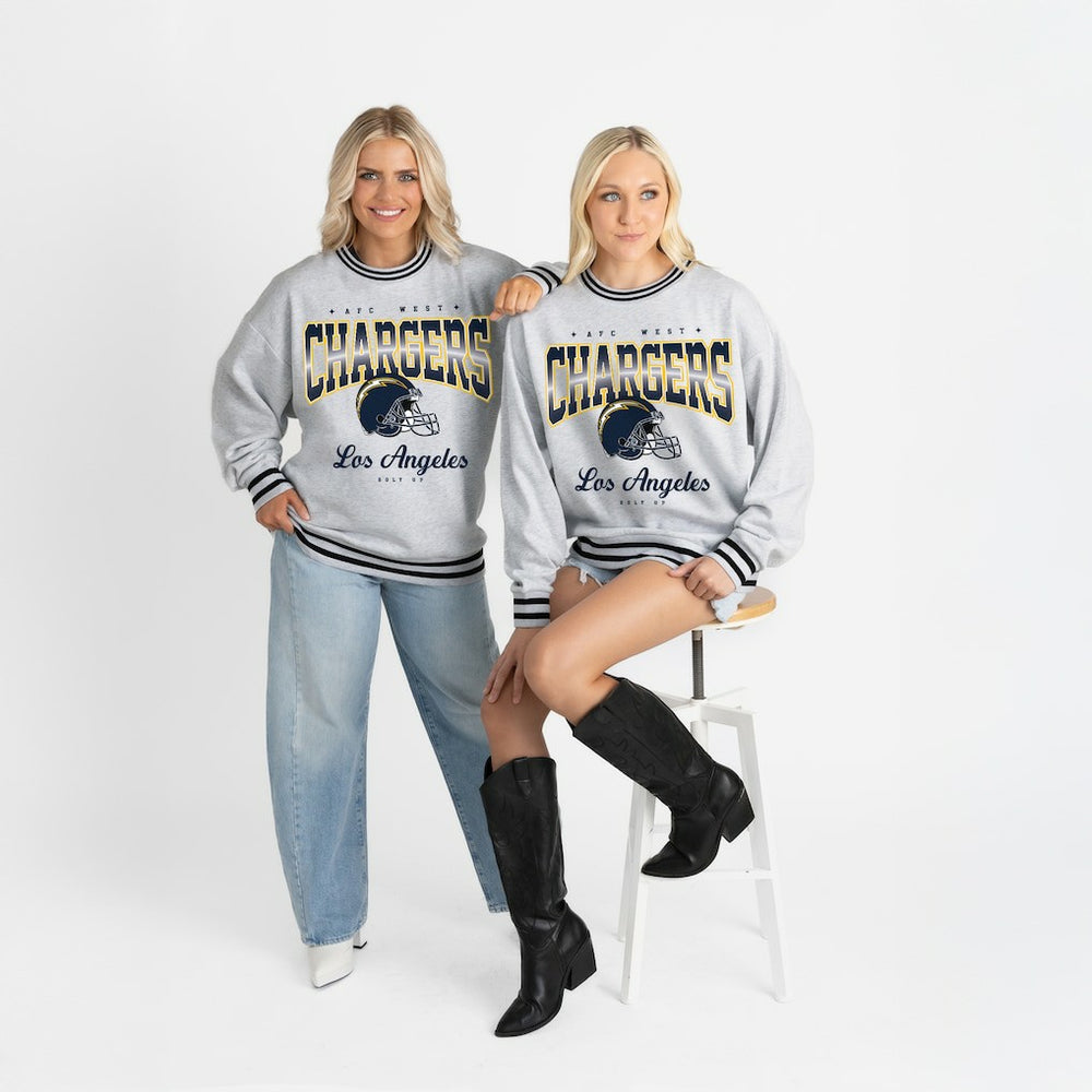 Los Angeles Chargers Gameday Couture Women's Oversized Gridiron Drive Ringer Stripe Sweatshirt - Ash/Black Sweatshirts
