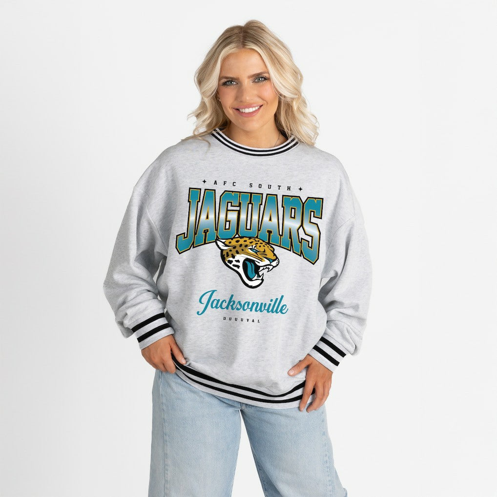 Jacksonville Jaguars Gameday Couture Women's Oversized Gridiron Drive Ringer Stripe Sweatshirt - Ash/Black Sweatshirts