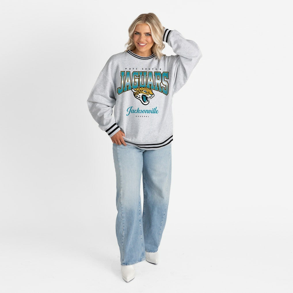 Jacksonville Jaguars Gameday Couture Women's Oversized Gridiron Drive Ringer Stripe Sweatshirt - Ash/Black Sweatshirts