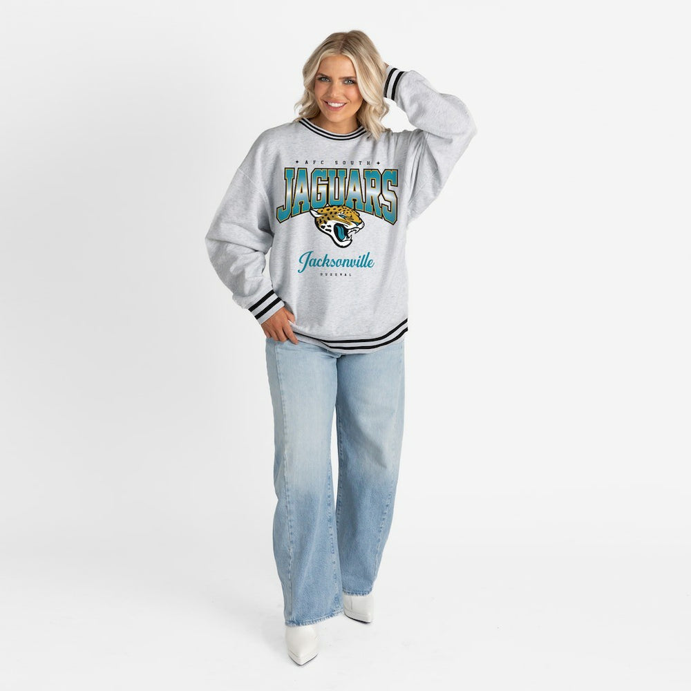 Jacksonville Jaguars Gameday Couture Women's Oversized Gridiron Drive Ringer Stripe Sweatshirt - Ash/Black Sweatshirts