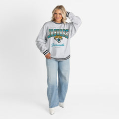 Jacksonville Jaguars Gameday Couture Women's Oversized Gridiron Drive Ringer Stripe Sweatshirt - Ash/Black Sweatshirts