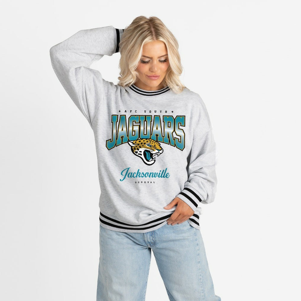 Jacksonville Jaguars Gameday Couture Women's Oversized Gridiron Drive Ringer Stripe Sweatshirt - Ash/Black Sweatshirts