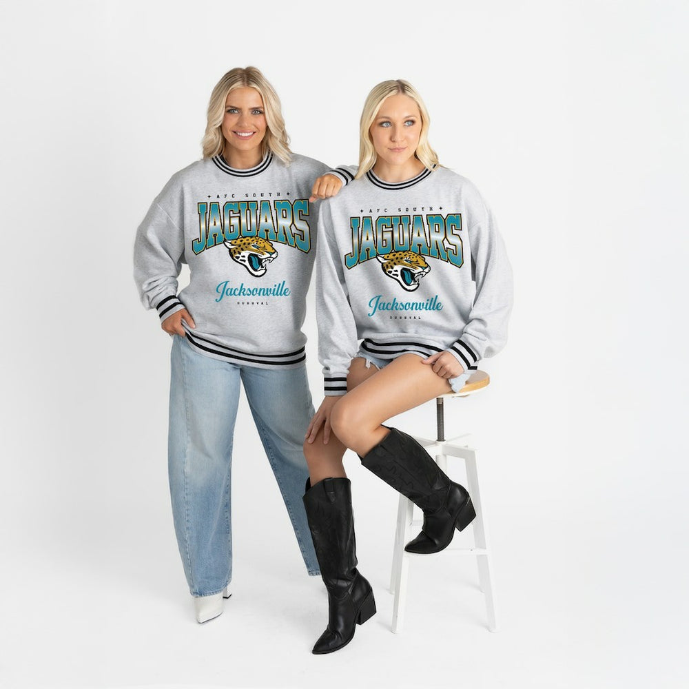 Jacksonville Jaguars Gameday Couture Women's Oversized Gridiron Drive Ringer Stripe Sweatshirt - Ash/Black Sweatshirts