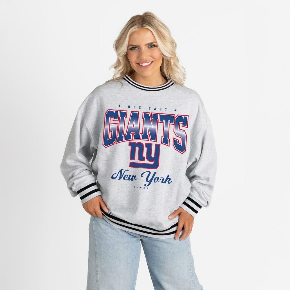 New York Giants Gameday Couture Women's Oversized Gridiron Drive Ringer Stripe Sweatshirt - Ash/Black Sweatshirts