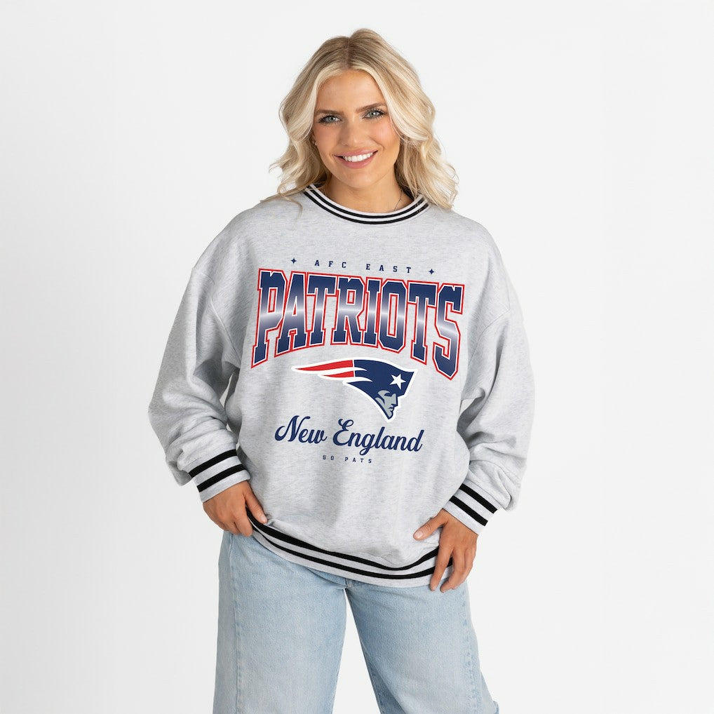 New England Patriots Gameday Couture Women's Oversized Gridiron Drive Ringer Stripe Sweatshirt - Ash/Black Sweatshirts