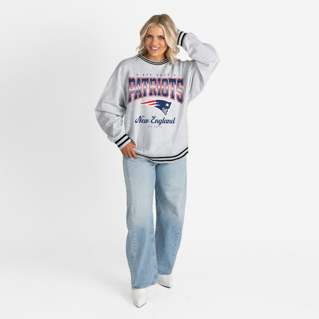 New England Patriots Gameday Couture Women's Oversized Gridiron Drive Ringer Stripe Sweatshirt - Ash/Black Sweatshirts