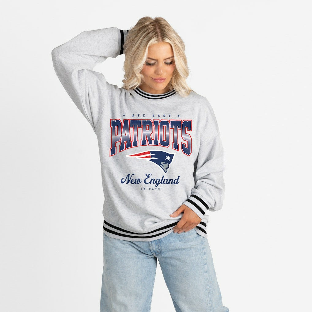 New England Patriots Gameday Couture Women's Oversized Gridiron Drive Ringer Stripe Sweatshirt - Ash/Black Sweatshirts