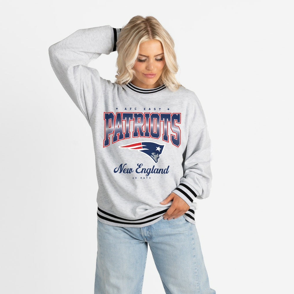 New England Patriots Gameday Couture Women's Oversized Gridiron Drive Ringer Stripe Sweatshirt - Ash/Black Sweatshirts