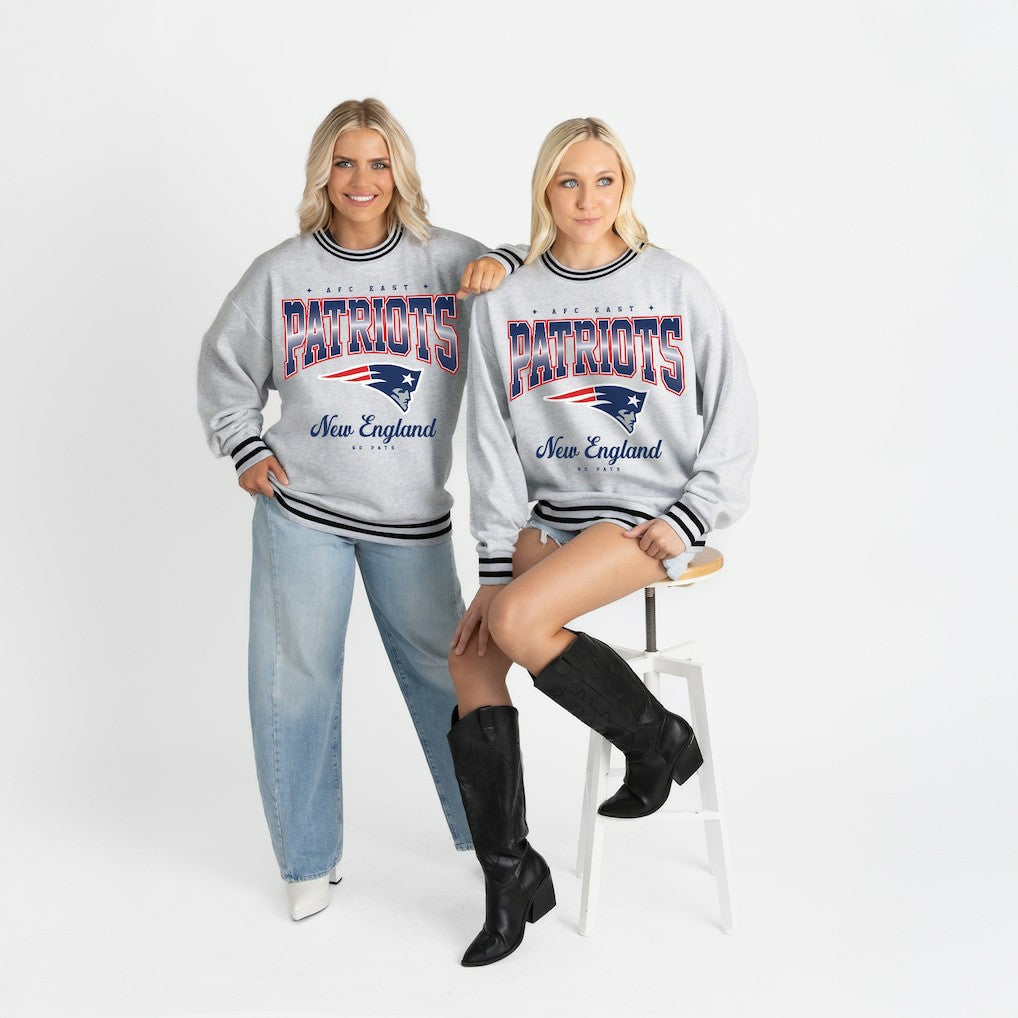 New England Patriots Gameday Couture Women's Oversized Gridiron Drive Ringer Stripe Sweatshirt - Ash/Black Sweatshirts