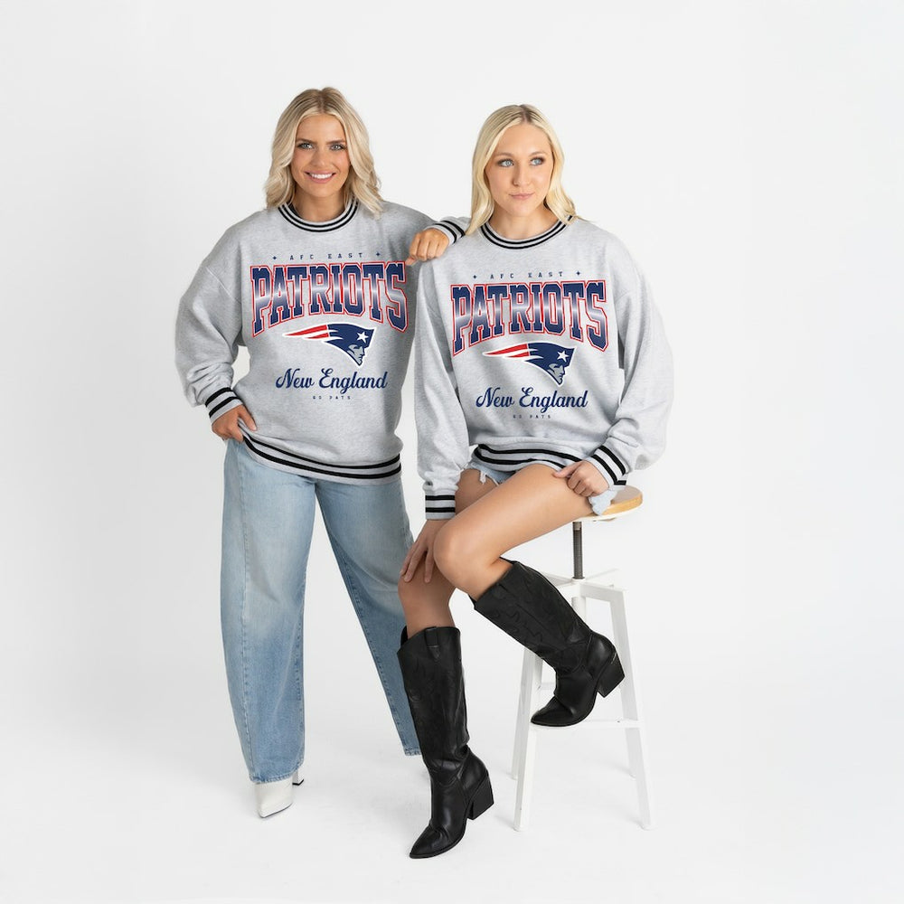 New England Patriots Gameday Couture Women's Oversized Gridiron Drive Ringer Stripe Sweatshirt - Ash/Black Sweatshirts