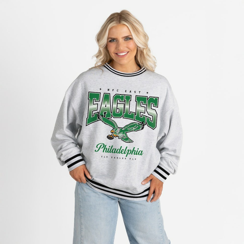 Philadelphia Eagles Gameday Couture Women's Oversized Gridiron Drive Ringer Stripe Sweatshirt - Ash/Black Sweatshirts