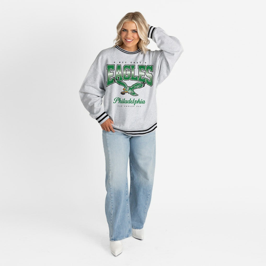 Philadelphia Eagles Gameday Couture Women's Oversized Gridiron Drive Ringer Stripe Sweatshirt - Ash/Black Sweatshirts