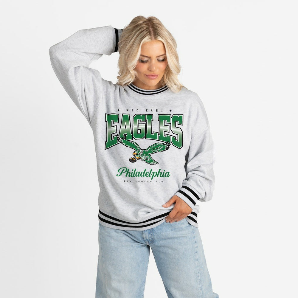 Philadelphia Eagles Gameday Couture Women's Oversized Gridiron Drive Ringer Stripe Sweatshirt - Ash/Black Sweatshirts