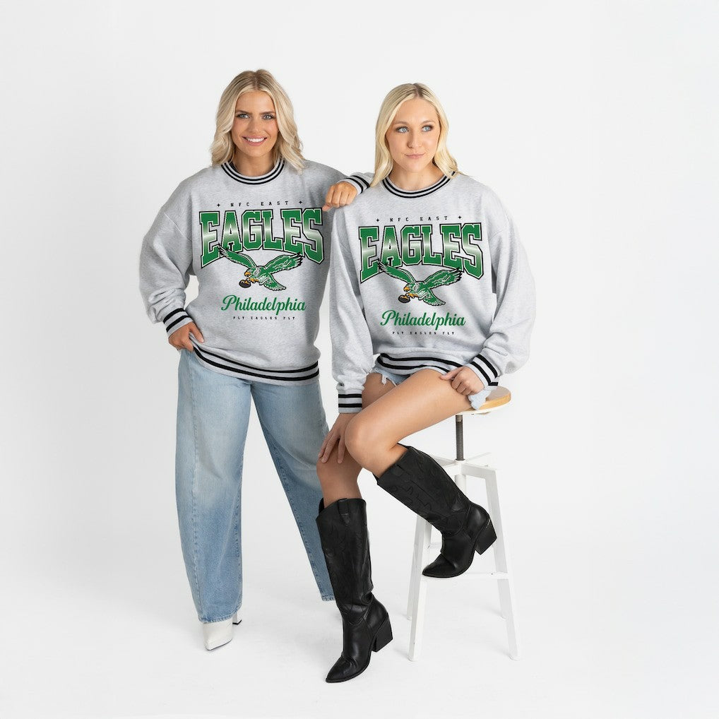 Philadelphia Eagles Gameday Couture Women's Oversized Gridiron Drive Ringer Stripe Sweatshirt - Ash/Black Sweatshirts