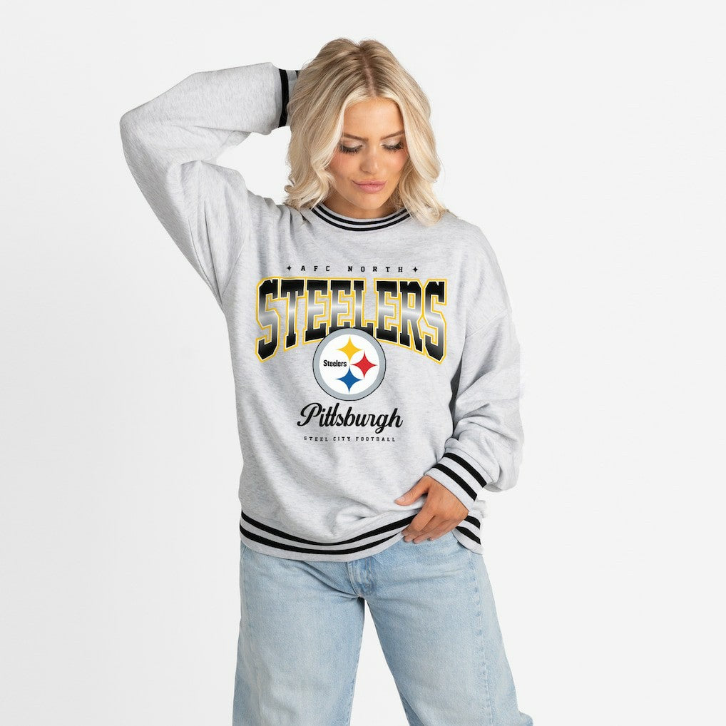 Pittsburgh Steelers Gameday Couture Women's Oversized Gridiron Drive Ringer Stripe Sweatshirt - Ash/Black Sweatshirts