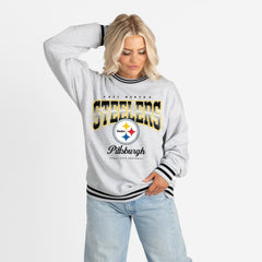 Pittsburgh Steelers Gameday Couture Women's Oversized Gridiron Drive Ringer Stripe Sweatshirt - Ash/Black Sweatshirts