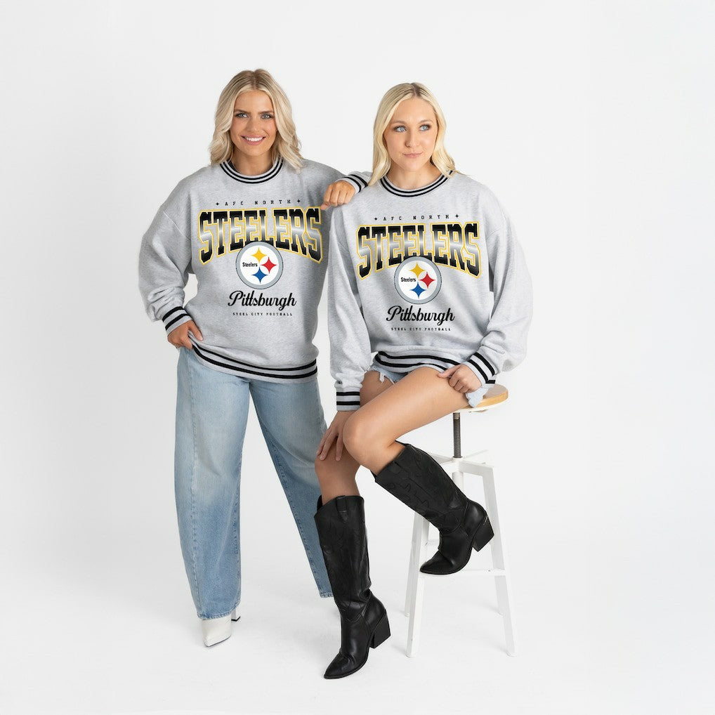 Pittsburgh Steelers Gameday Couture Women's Oversized Gridiron Drive Ringer Stripe Sweatshirt - Ash/Black Sweatshirts
