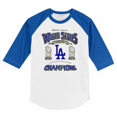 Los Angeles Dodgers Tiny Turnip Youth 2025 World Series Champions 3/4-Sleeve Raglan Baseball T-Shirt - White/Royal T-shirts