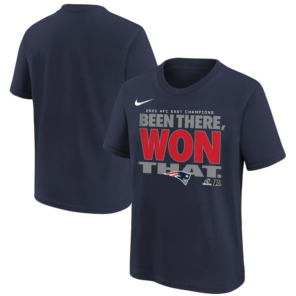 New England Patriots Youth 2025 AFC East Division Champions Locker Room Trophy Collection T-Shirt - Navy T-shirts