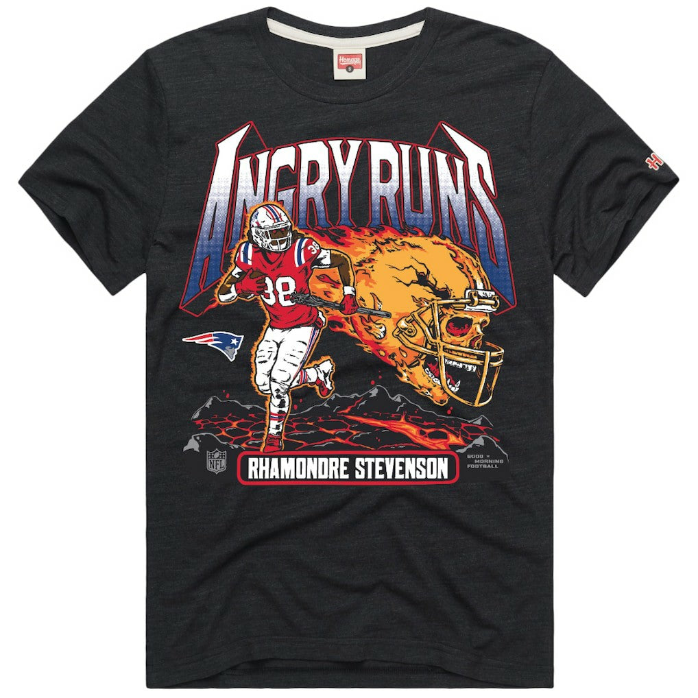 Rhamondre Stevenson New England Patriots Homage Unisex Angry Runs Player Graphic Tri-Blend T-Shirt - Charcoal T-shirts
