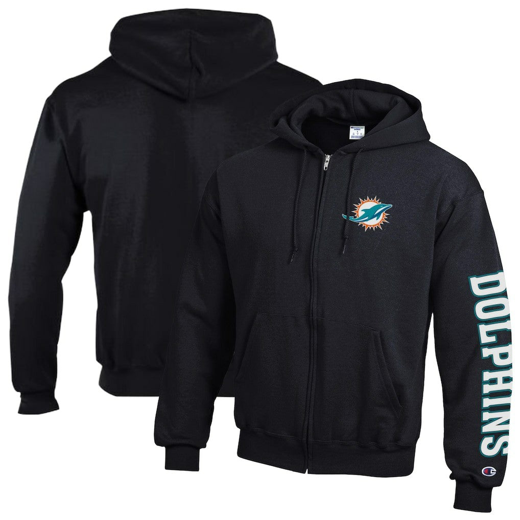 Miami Dolphins Champion Powerblend Fleece Full-Zip Hoodie - Black Hoodies