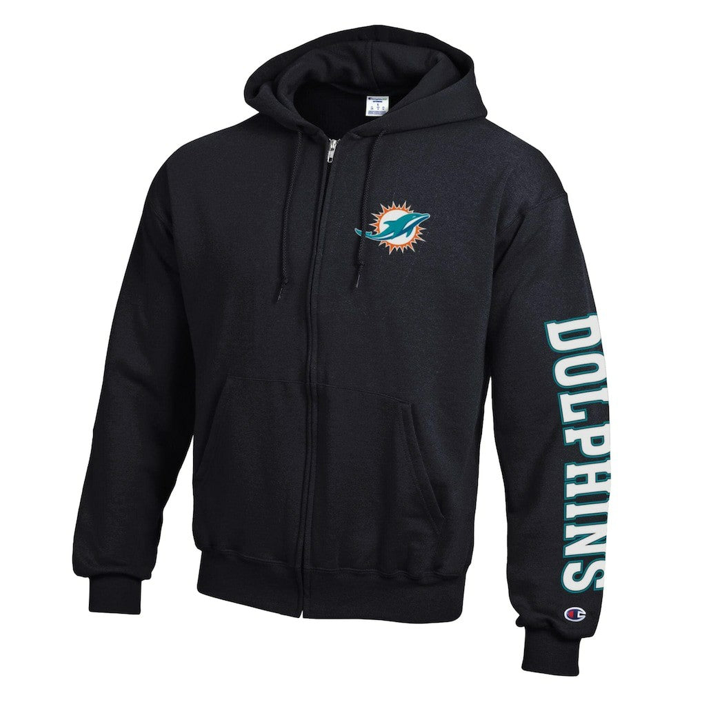 Miami Dolphins Champion Powerblend Fleece Full-Zip Hoodie - Black Hoodies
