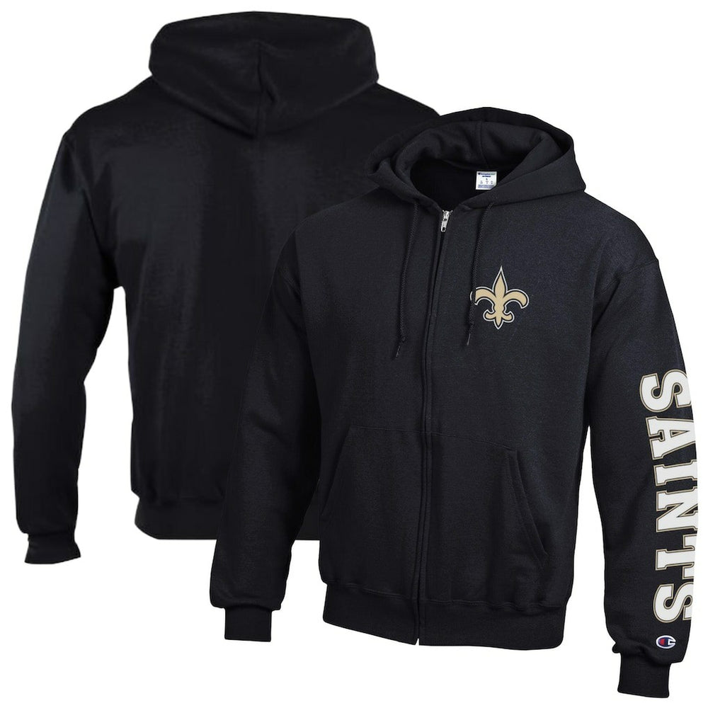 New Orleans Saints Champion Powerblend Fleece Full-Zip Hoodie - Black Hoodies