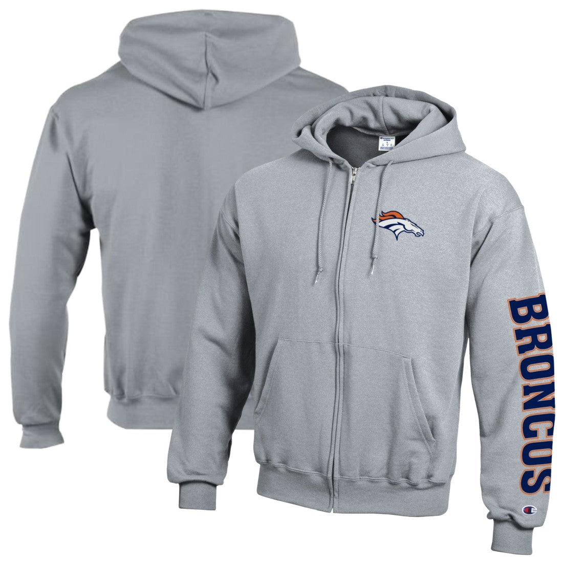 Denver Broncos Champion Powerblend Fleece Full-Zip Hoodie - Heather Gray Hoodies
