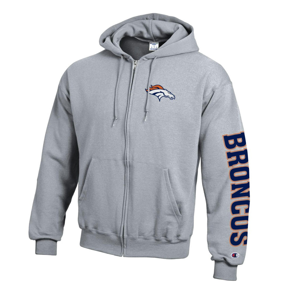 Denver Broncos Champion Powerblend Fleece Full-Zip Hoodie - Heather Gray Hoodies