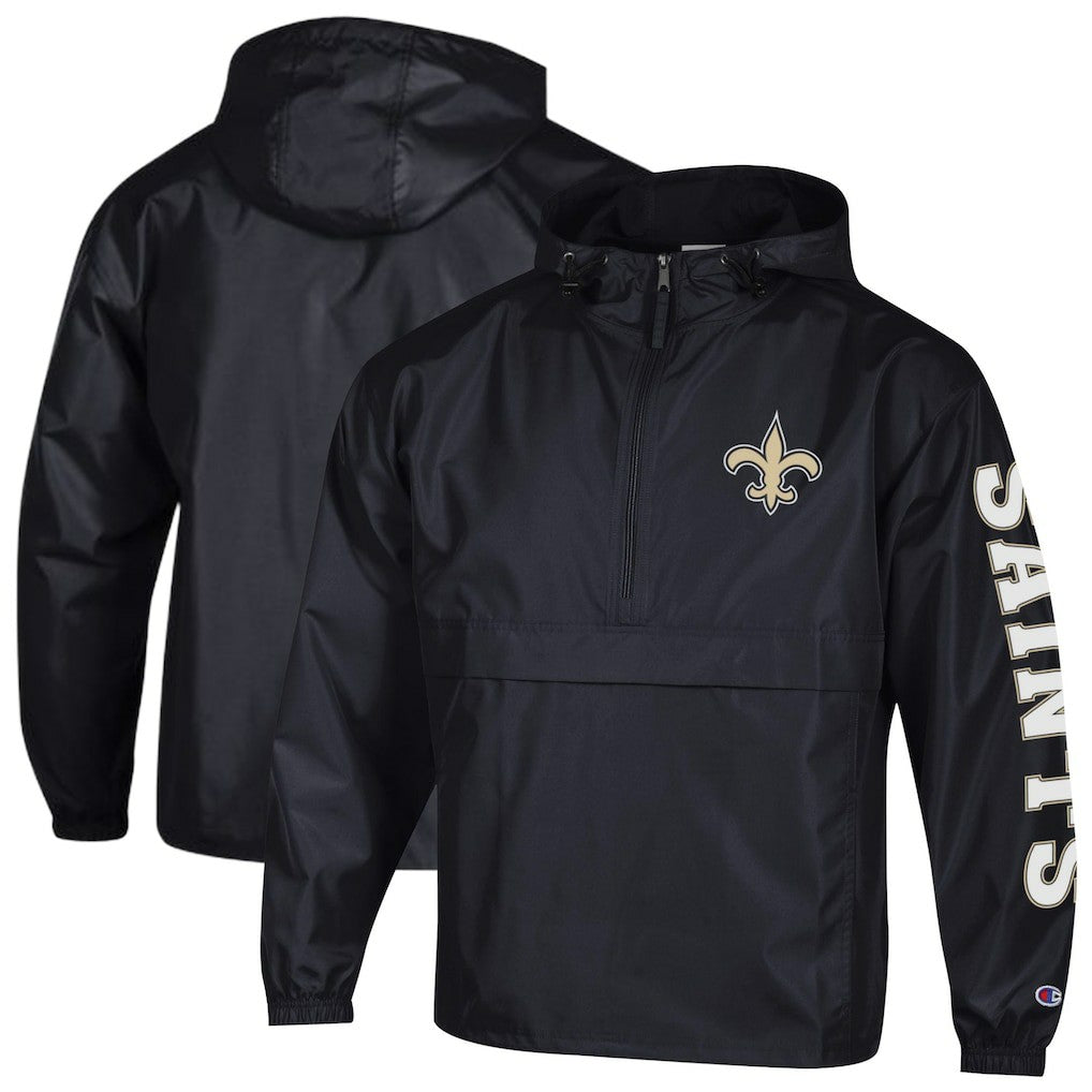 New Orleans Saints Champion Packable Windbreaker Half-Zip Jacket - Black Jackets