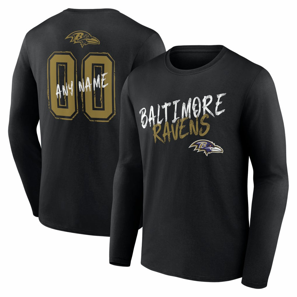 Baltimore Ravens Hustle Personalized Name & Number Long Sleeve T-Shirt - Black T-shirts