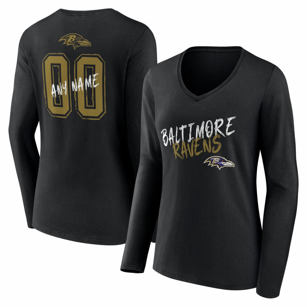 Baltimore Ravens Women's Hustle Personalized Name & Number Long Sleeve V-Neck T-Shirt - Black T-shirts
