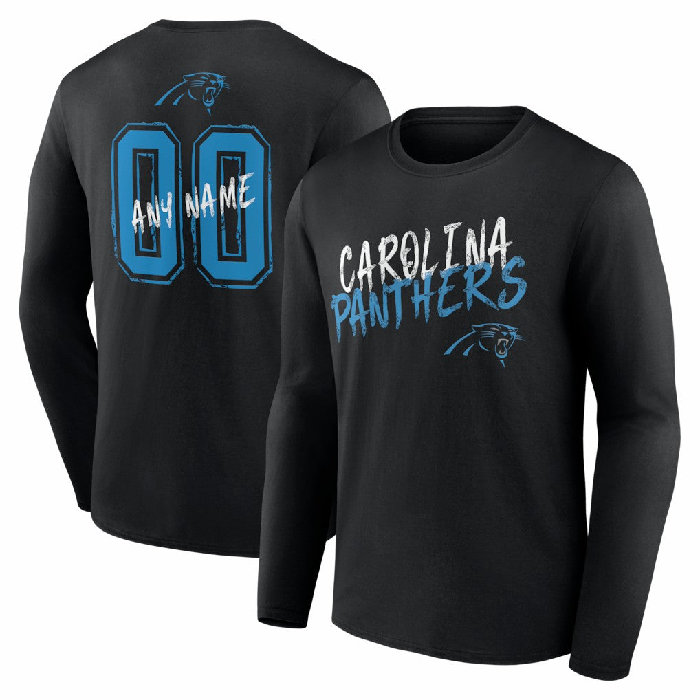 Carolina Panthers Hustle Personalized Name & Number Long Sleeve T-Shirt - Black T-shirts