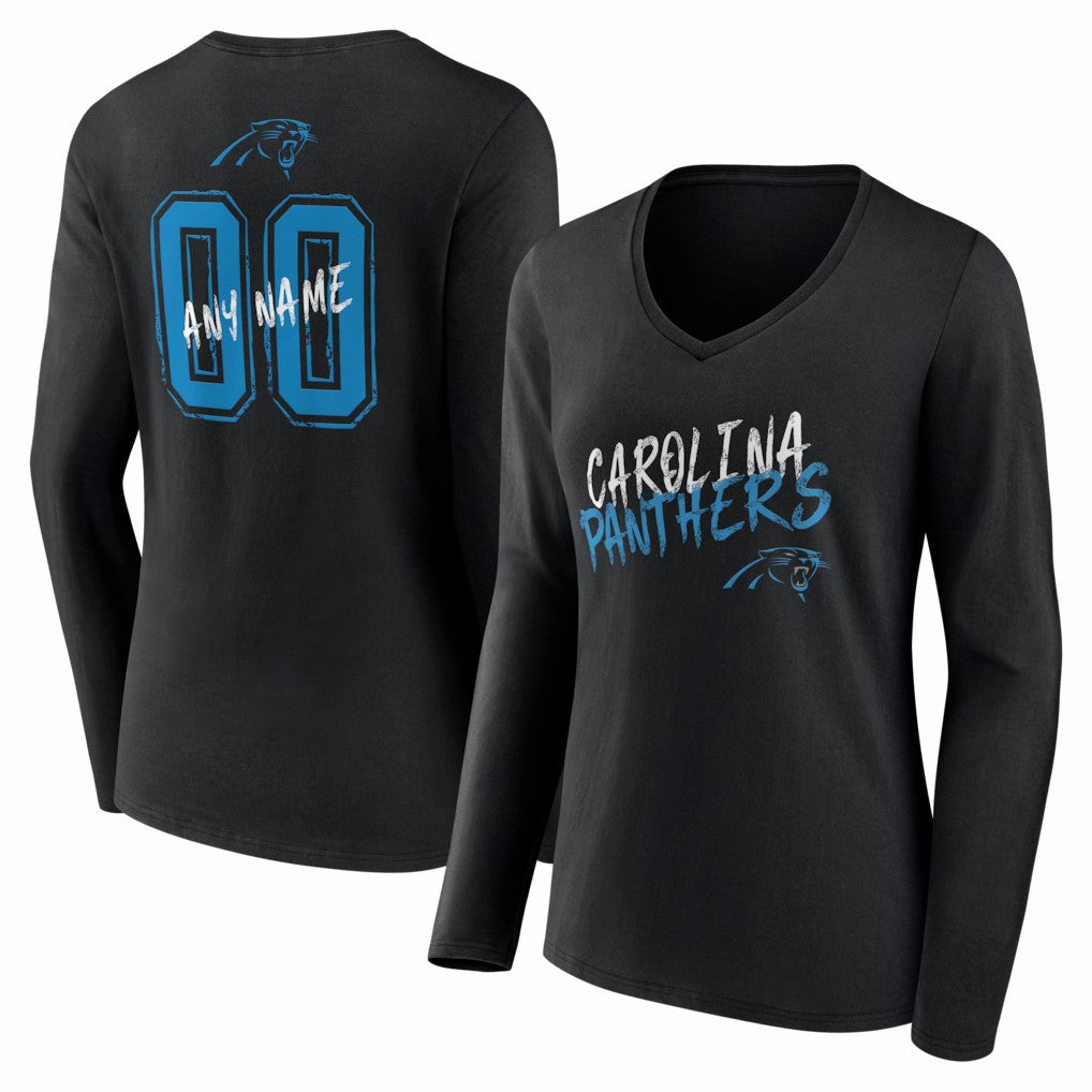 Carolina Panthers Women's Hustle Personalized Name & Number Long Sleeve V-Neck T-Shirt - Black T-shirts