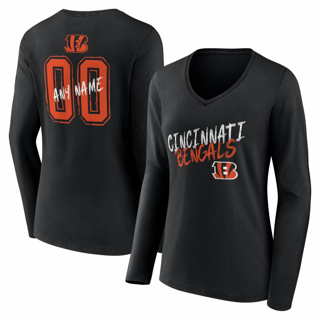 Cincinnati Bengals Women's Hustle Personalized Name & Number Long Sleeve V-Neck T-Shirt - Black T-shirts