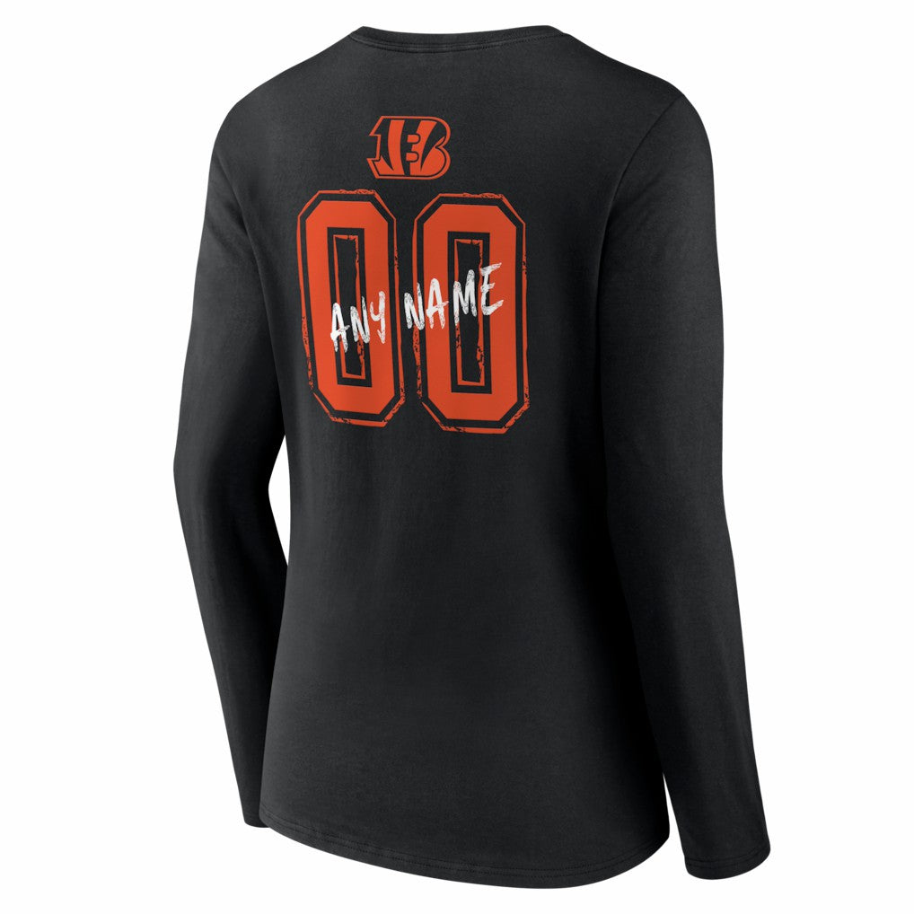 Cincinnati Bengals Women's Hustle Personalized Name & Number Long Sleeve V-Neck T-Shirt - Black T-shirts