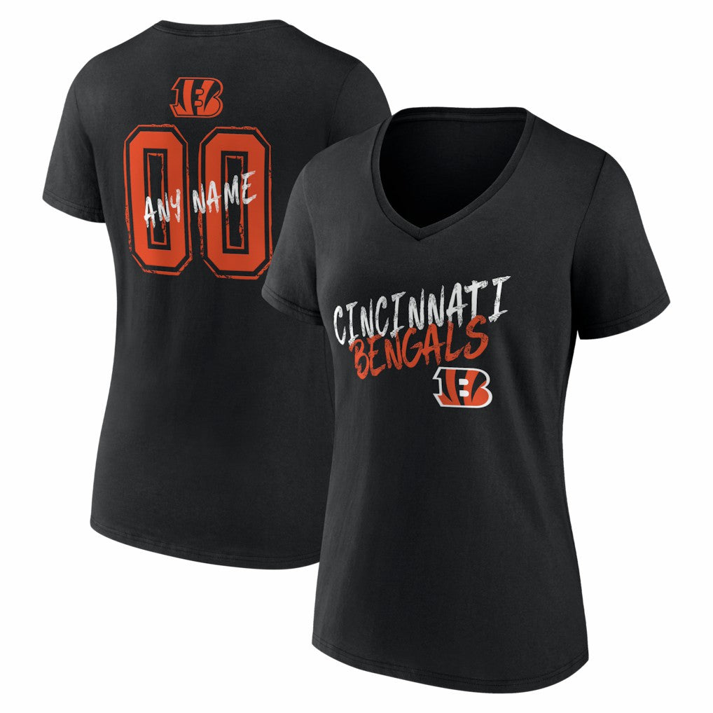 Cincinnati Bengals Women's Hustle Personalized Name & Number V-Neck T-Shirt - Black T-shirts