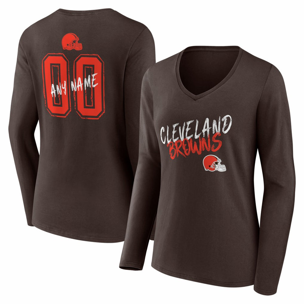 Cleveland Browns Women's Hustle Personalized Name & Number Long Sleeve V-Neck T-Shirt - Brown T-shirts
