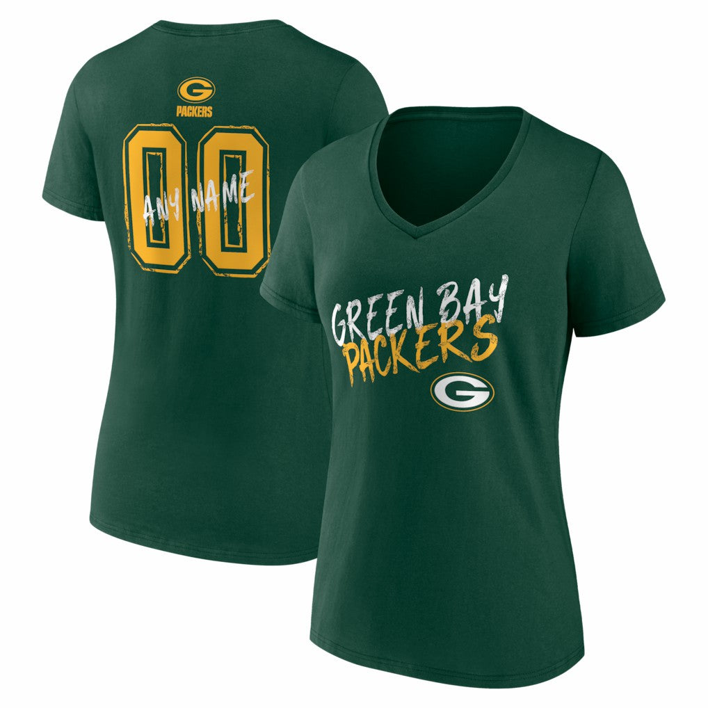 Green Bay Packers Women's Hustle Personalized Name & Number V-Neck T-Shirt - Green T-shirts