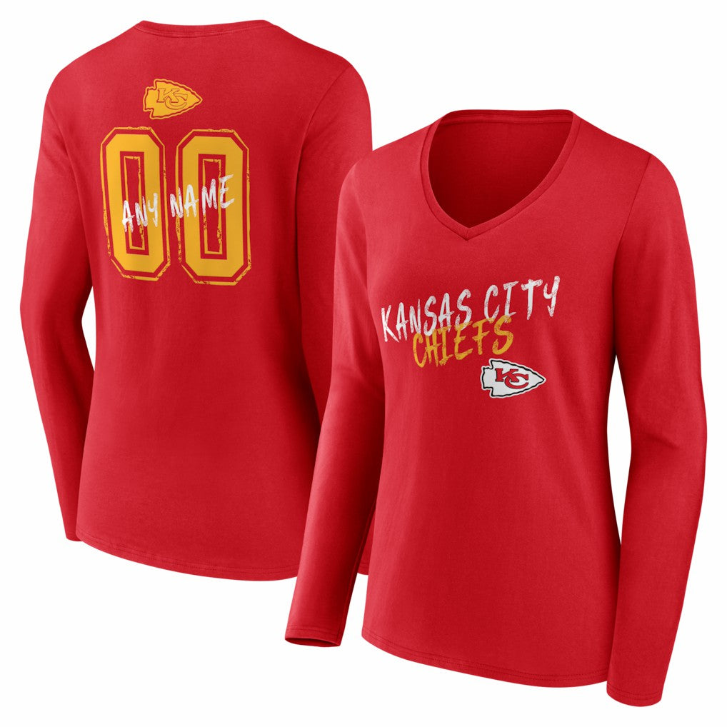 Kansas City Chiefs Women's Hustle Personalized Name & Number Long Sleeve V-Neck T-Shirt - Red T-shirts