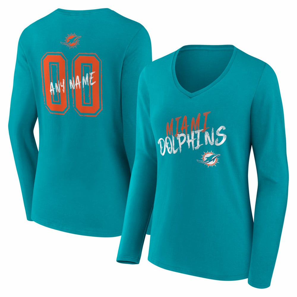 Miami Dolphins Women's Hustle Personalized Name & Number Long Sleeve V-Neck T-Shirt - Aqua T-shirts
