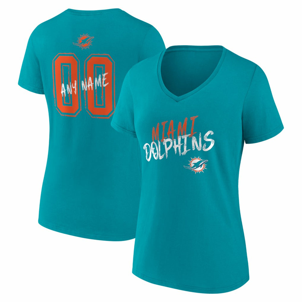 Miami Dolphins Women's Hustle Personalized Name & Number V-Neck T-Shirt - Aqua T-shirts