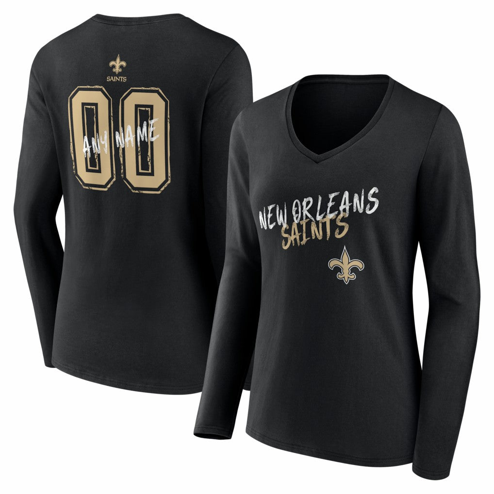 New Orleans Saints Women's Hustle Personalized Name & Number Long Sleeve V-Neck T-Shirt - Black T-shirts