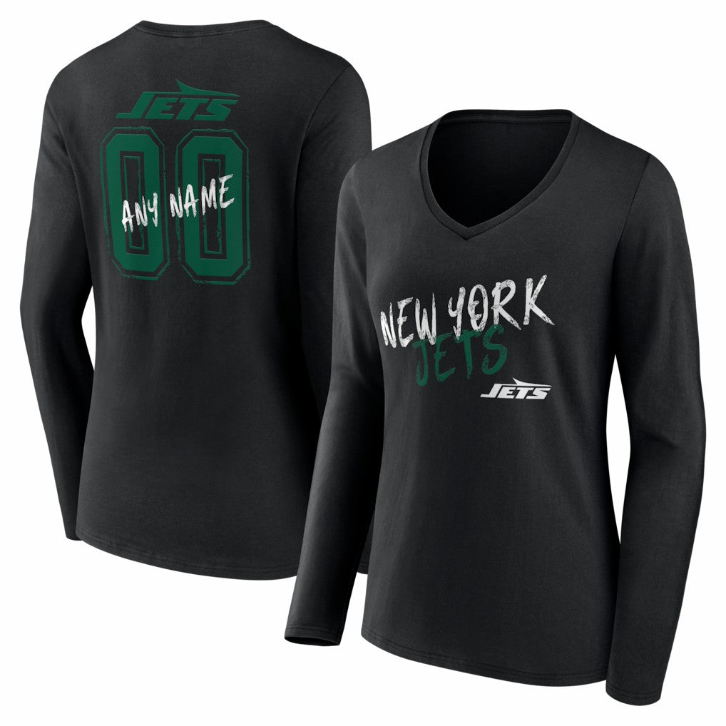 New York Jets Women's Hustle Personalized Name & Number Long Sleeve V-Neck T-Shirt - Black T-shirts
