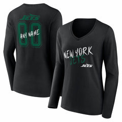 New York Jets Women's Hustle Personalized Name & Number Long Sleeve V-Neck T-Shirt - Black T-shirts